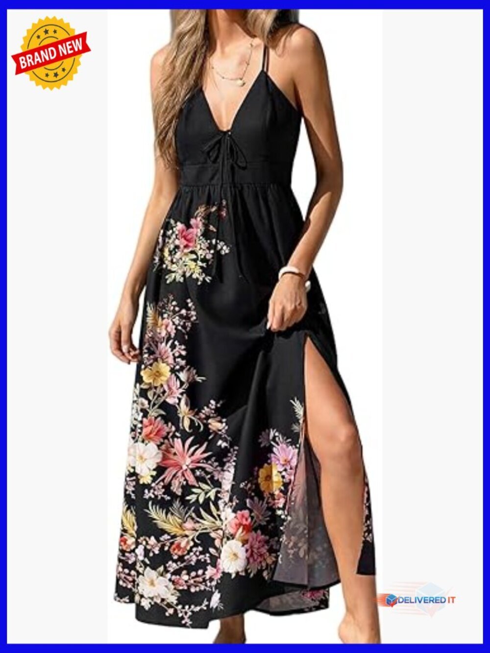 Summer Maxi Dress Spaghetti Strap V Neck A Line Split Boho Beach